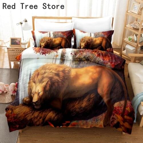Sleeping Lion Animal Printed Bedding Set 2/3pcs Customized Duvet Cover With Pillowcase Single Double Queen King Size Comforter