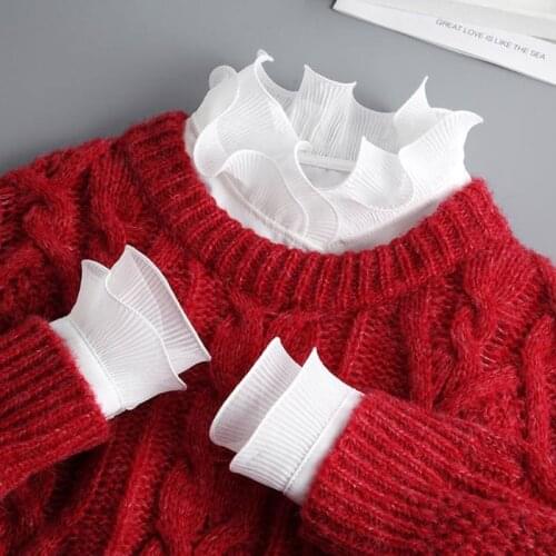 Korean Women 2 Pieces Layered Ruffled Stand False Collar with Fake Sleeves Wristband Set Button Down Detachable Half Shirt 85LB