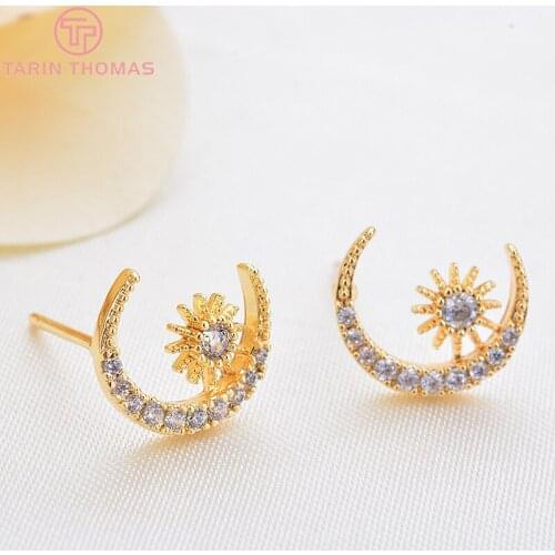 4 Pieces 15 * 11 MM 24 K Gold Color Brass Earrings Zircon Pink Flower Pin High Quality Results Of Jewelry Accessories