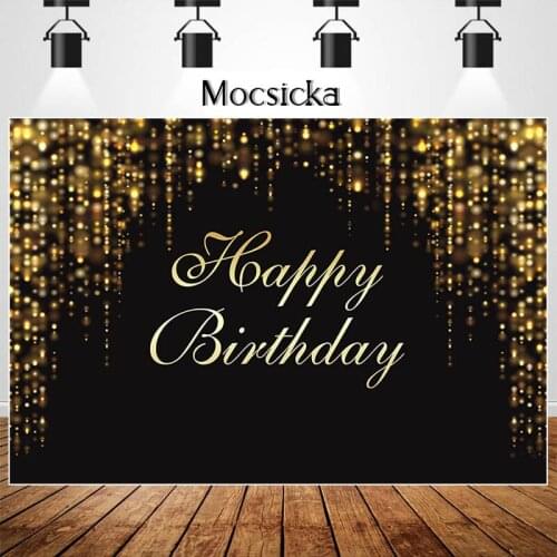 Mocsicka Happy Birthday Backdrop Flash Black and Gold Tassel Birthday Party Decoration Banner Photography Background