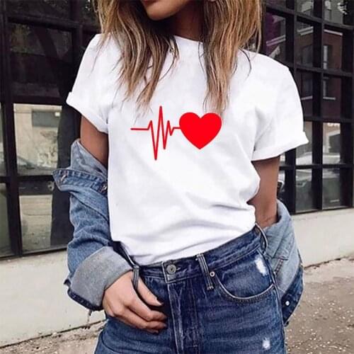 Fashion Women Heart Shepe Printed Short Sleeve T Shirt Summer Loose Tops Casual O-neck Girls Men Couple Gift Tee Plus Size 2X