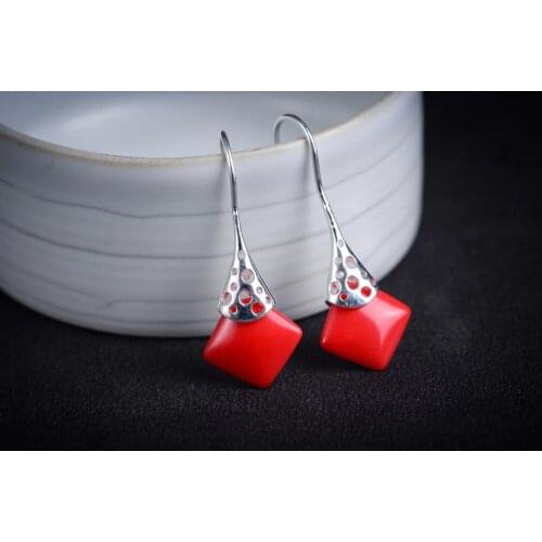Fashion jewelry VINTAGE RED CORAL 925 & MARCASITE EARRINGS stone Brincos Ohrringe Sterling Jewelry Earring