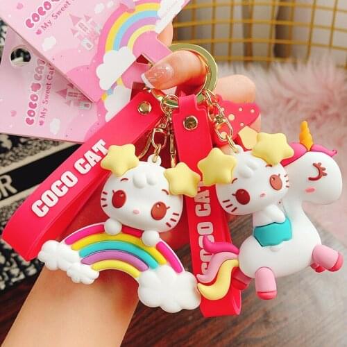 Cartoon Unicorn Rainbow Coco Cat Anime Keychain For Women Rubber Trinkle Key Ring Chains Car Bag Charm For Girl Boy Gift D826
