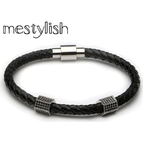 Mestylish Black leather Man Bracelets Cubic Zirconia Geometric Hexagon Brass Beads Bangle Stainless Steel magnet buckle bracelet