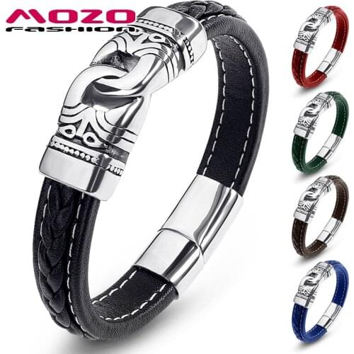 New Men Punk Jewelry Braided Leather Bracelet Women Handmade Bangles Trendy Stainless Steel Clasp Wrist Band Black
