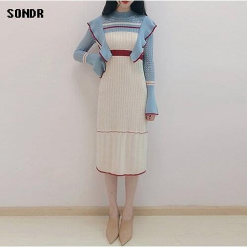 New Spring And Autumn 2021 Korean One-Piece Sweater Dress Flared Sleeves Knitted Dress Ruffle Stitching Base Dress Long Dresses