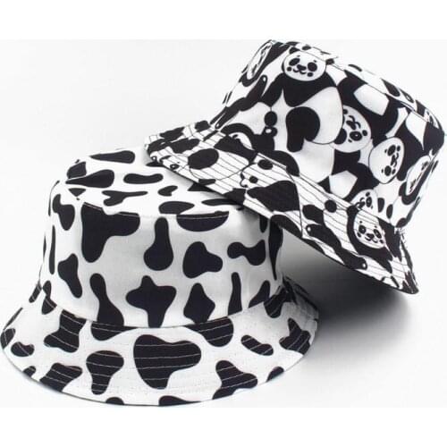 2020 New Fashion Reversible Black White Cow Print Bucket Hat Summer Sun Caps Women Double Sided Reversible Bucket Cap Sun Hat