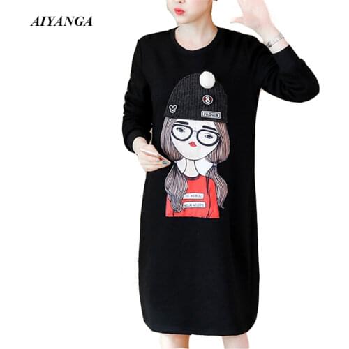 Dress For Women 2019 Autumn Winter Dress Female Thick Fleece Fashion Cartoon Party Dresses Plus Size vestidos L-5XL Print Black