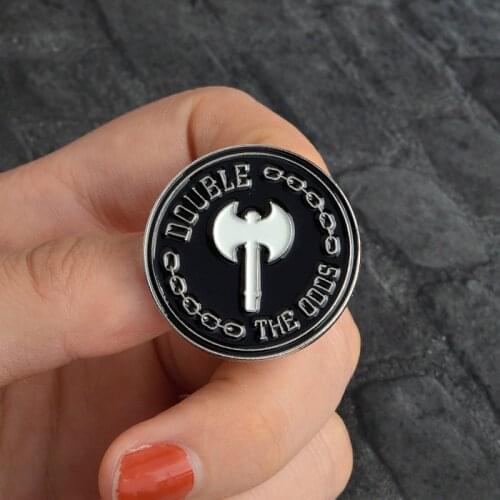 Black circular insignia with letters of English Shirt Badge surround a skull coffee cup axe icon Brooch Enamel Label Pins