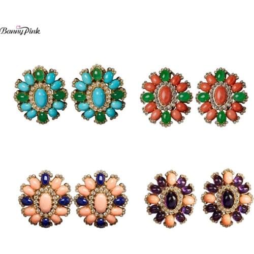 Banny Pink Vintage Stone Stud Earrings For Women Ethnic Round Luxury Hollow Earrings Bohemia Metal Jewelry Brincos Bijoux