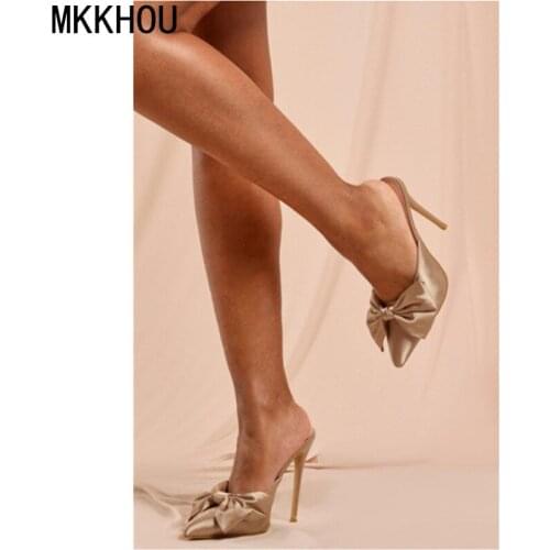 MKKHOU Fashion Sandals Women New Summer Shoes Pointed Sardin Cloth Bow Stiletto 12cm High Heel Slippers Open Shoes Large Size