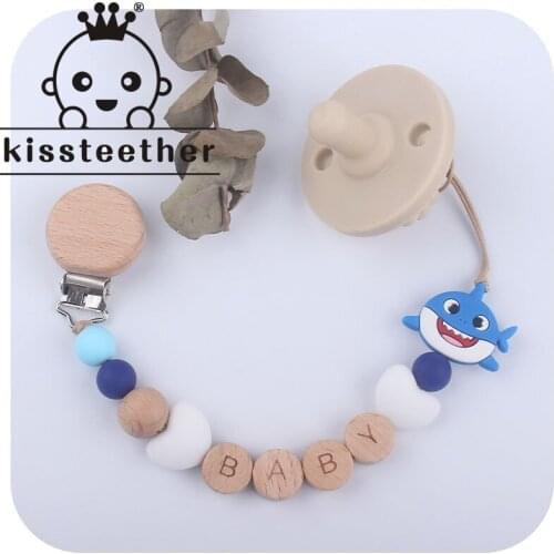 Kissteether New Style Custom Baby Name Nipple Chain Cartoon Silicone Bead Shark Teether Infant Newborn Teether Pacifier Chain