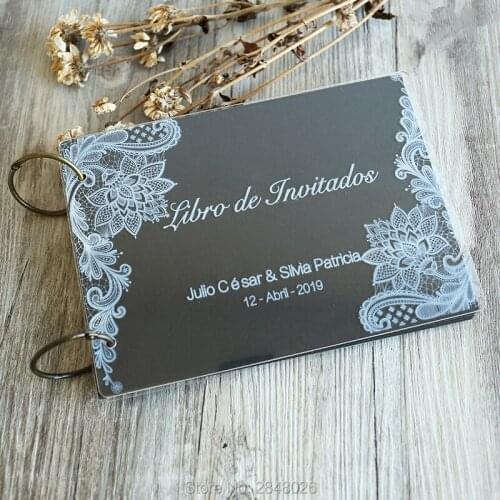 Engraved lace with names wedding guestbook,Custom clear acrylic Wedding Mr&Mrs guest book, personalised sign in album