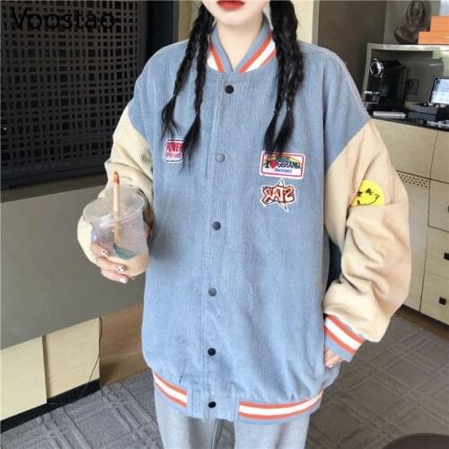 Spring Autumn Women Sweet Corduroy Baseball Jackets Japanese Harajuku Loose Preppy Style Casual Coats Girls Students Outwear