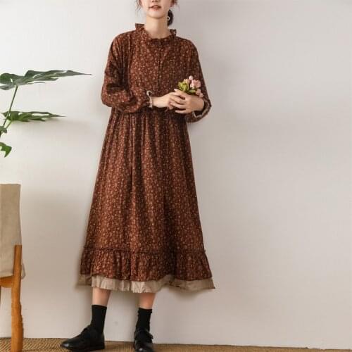 Japanese Mori Womens Art Print Dress Autumn New Floral Lotus Hem Loose Long Sleeve Swing Skirt