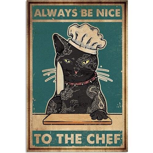 Funny Cat Poster Cat Always Be Nice to The Chef Black Cat Tattoos Kitchen Wall Abstract Watercolor Living, Bedroom, Home Decor