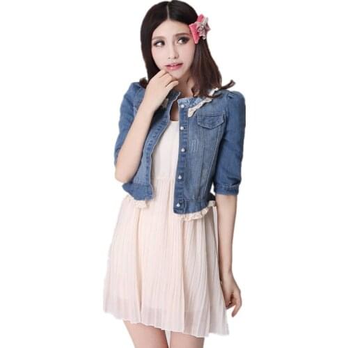 Women Lace Short Denim Jacket Coat Lady Retro Slim Jeans Jacket Summer Three Quarter Sleeve Cropped Jackets Tops For Girls