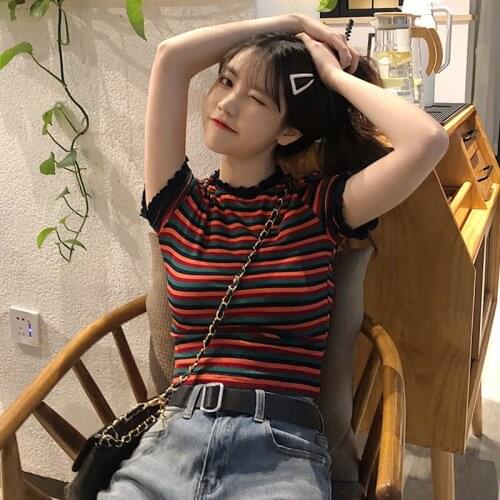Summer New Womens Clothing Striped Slim Fit Tops Korean Stand Woman T Shirt Fashion Brands Crop Top Tees Vestidos Femininos