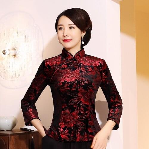 Women Vintage Floral Mandarin Collar Shirt Noble Retro Tops Velour Blouse Chinese Style Tang Clothing Large Size 3XL-5XL