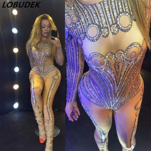 Female Silver Rhinestones Elastic Skinny Nude Jumpsuit Party Stage Performance Tights Costume Bar Nightclub Singer Dancer Romper