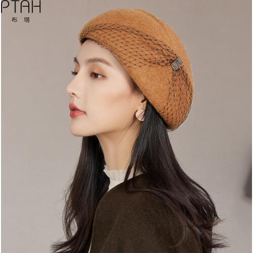 [PTAH] Women Beret 100% Australian Wool Winter Beanie Hat Cap Vintage Plain Beret Hats Solid Color Lace Elegant Lady Winter Caps