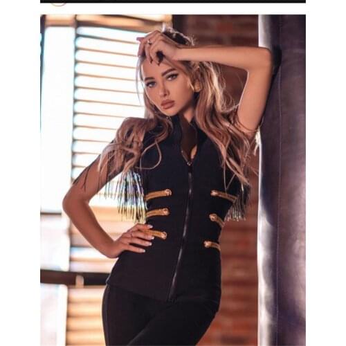 High Quality Black Sleeveless Zipper Button Tassel Rayon Slim Bodycon Bandage Top Women Jackets