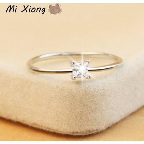 Mi Xiong 925 Sterling Silver Ring for Women Small Square Diamond Elegant Cute Luxury Charm Gift for Romantic Love Brand Jewelry