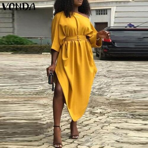 Office Dress Women Sexy Off Shoulder Dress 2021 VONDA High Waist Solid Asymmetrical Party Sundress Casual Midi Vestidos Belted