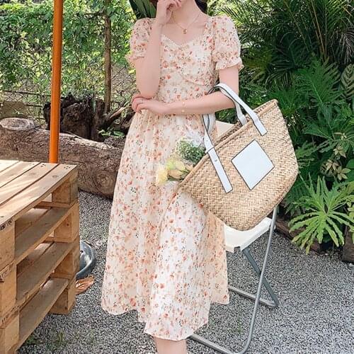Zoki Sweet Floral Dress Women Print Puff Sleeves Casual Loose Female Lady Clothes Korean Street Wear Summer Hot Fashion New 2021
