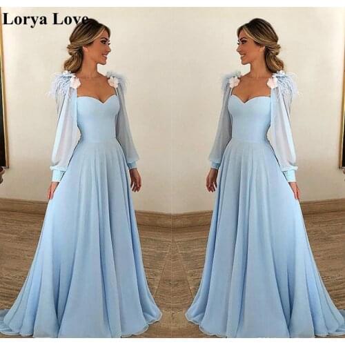 Light Blue Chiffon Evening Dresses 2020 Women Formal Party Night Robe De Soiree Elegant Vestidos Long Sleeves Prom Maxi Dress