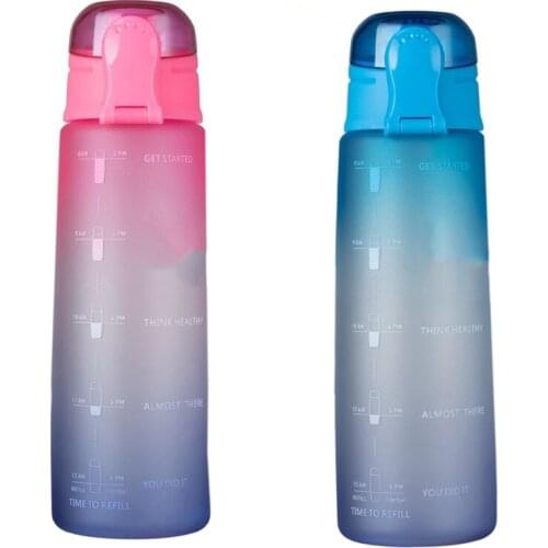 2PCS 32Oz Fitness Water Bottle With Time Marker BPA Free Large Capacity Water Jug, Gradient-Pink & Gradient-Blue