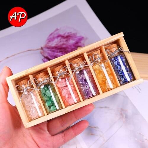 6pcs/set Natural Crystal Rock Stone Gravel Wishing Bottles Minerals Specimen Mini Reiki Healing Stone With Wooden Box DIY Gift