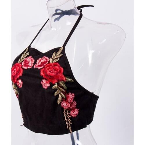 2018 Women Crop Top Tanks Tops Flowear Embroidery Sexy Women Camis Halter Sleeveless Bodycon Backless Women Tops