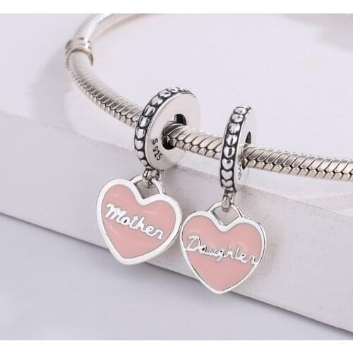 925 Sterling Silver Split Polished Mother & Daughter Hearts Dangle Charm Bracelet DIY Jewelry Making For Original Pandora
