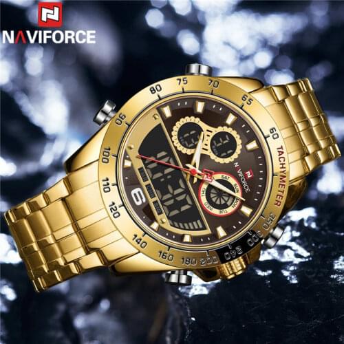 NAVIFORCE LED Watches Men Top Brand Luxury Gold Stainless Steel Sports Male Clock Digital Quartz Military Man Wristwatch 9188
