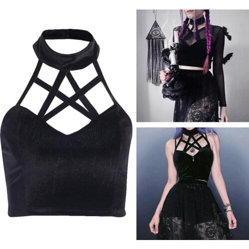 Black Gothic Crop Top Halter Tank Backless Velvet Party Chest Wrap