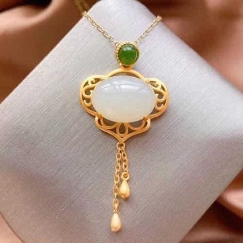 Natural Hetian White Jade Lucky Luck Square Plate Female Pendant S925 Sterling Silver Craft Inlaid Lucky Pendant Auspicious Clou