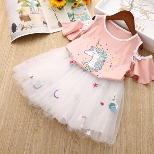 Girls Unicorn Print Clothes Sets Baby Girl Summer Bell Sleeve Tops + Mesh Skirt 2Pcs Children Birthday Ball Party Clothing 2-7 Y
