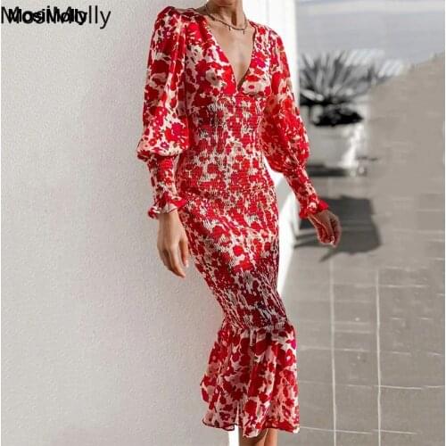 MosiMolly 2021 V neck Floral Dress Women Shirred Mermaid Dress Midi Dress Long Sleeve Dress