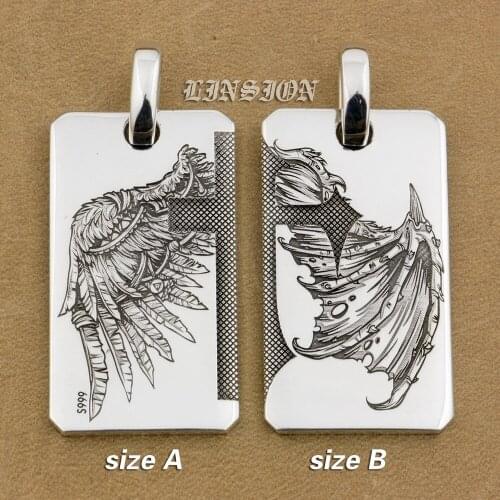 Solid 999 Pure Silver Handmade Angel Wing Devil Wing 2 Sides Charms Pendant 9X021 Necklace 26"