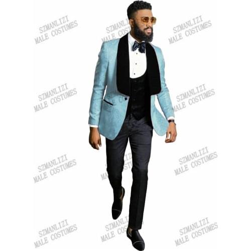 Latest Coat Pant Designs Sky Blue Floral Party Suits For Men Formal Groom Wear Suit Slim Fit Mens Tuxedo Wedding Suit For Men