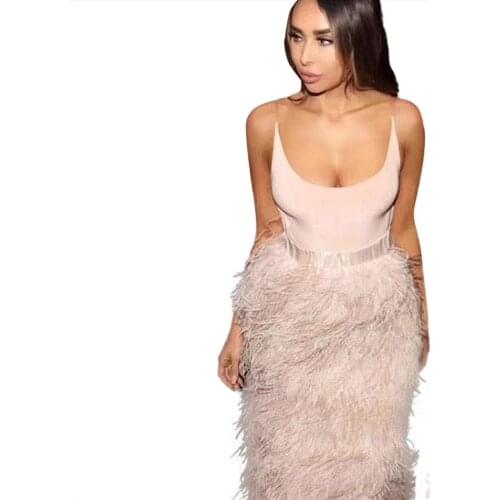 Sexy V-neck Beige Nude Feathers Bandage Dress Women Spring Summer Elegant Knee Length Party Dress Female Robe
