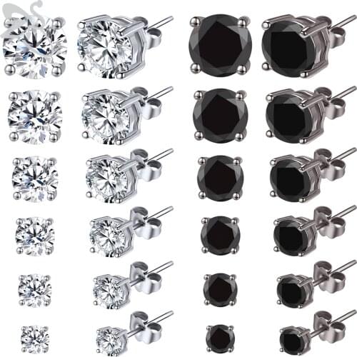 ZS 6 Pairs/lot 3-8MM Round CZ Crystal Stud Earrings For Women Men 20g Stainless Steel Ear Helix Conch Cartilage Piercing Jewelry