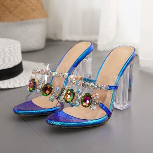 Rhinestone Bright color Crystal Slippers Open Toe High Heels Shoes Woman Crystal Transparent Heeled Slippers Sandals