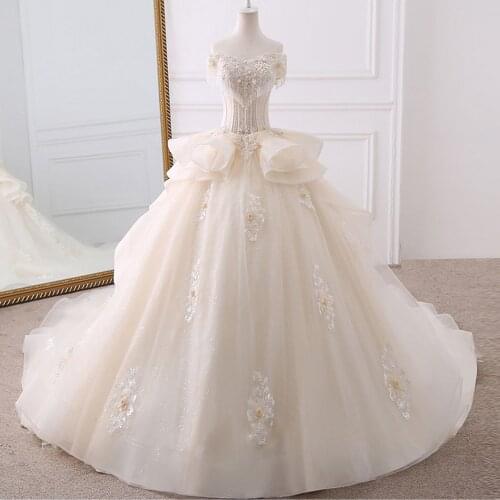 Gorgoeus Ball Gown Wedding Dresses Vestido De Noiva Appliques Flowers Beading Crystal Shiny Bridal Dress Trouwjurk
