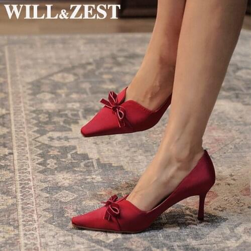 Will&Zest Silk Sexy Stilettos Satin Bow Pumps Female High Heels Designer Elegant Spring Shoes For WomenS Hobby Summer Sandals