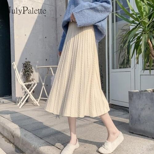JulyPalette Fall Winter Knitted Skirts Women 2021 Korean High Elastic Waist Sweater Skirts Chic Ladies A-line Knit Midi Skirts
