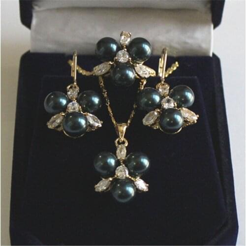 Yellow Gold Color Jewelry Set Black White Red Shell Pearl Pendant Earrings Ring Fine Noble Natural Shell Pearls 8mm For Women