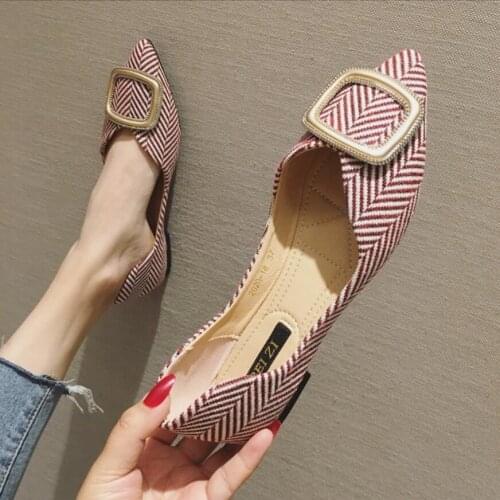 41 big size black/red plaid flats women pointy moccasins metal square buckle OL shoes shallow mouth cutout flat loafers women