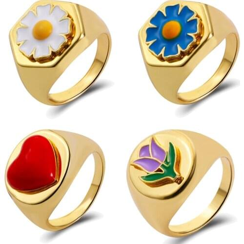 Fashion Daisy flower Heart Yin Yang Charm Rings For Women girls trendy Gold Color Punk Hip Hop Enamel Finger Ring Kpop Jewelry